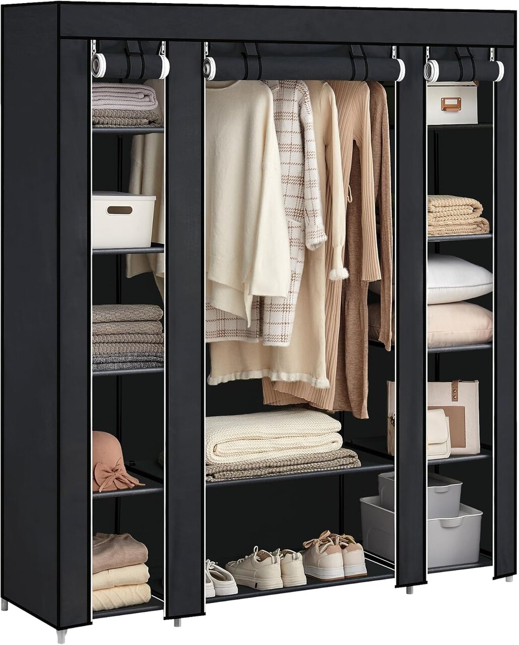 Dulap textil pentru haine Organiser, Songmics, 150x45x175 cm, material netesut/otel, negru - imagine 6